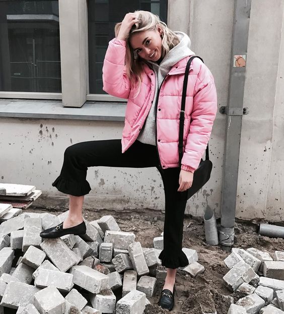 Casual Pink Puffer with Black Trousers